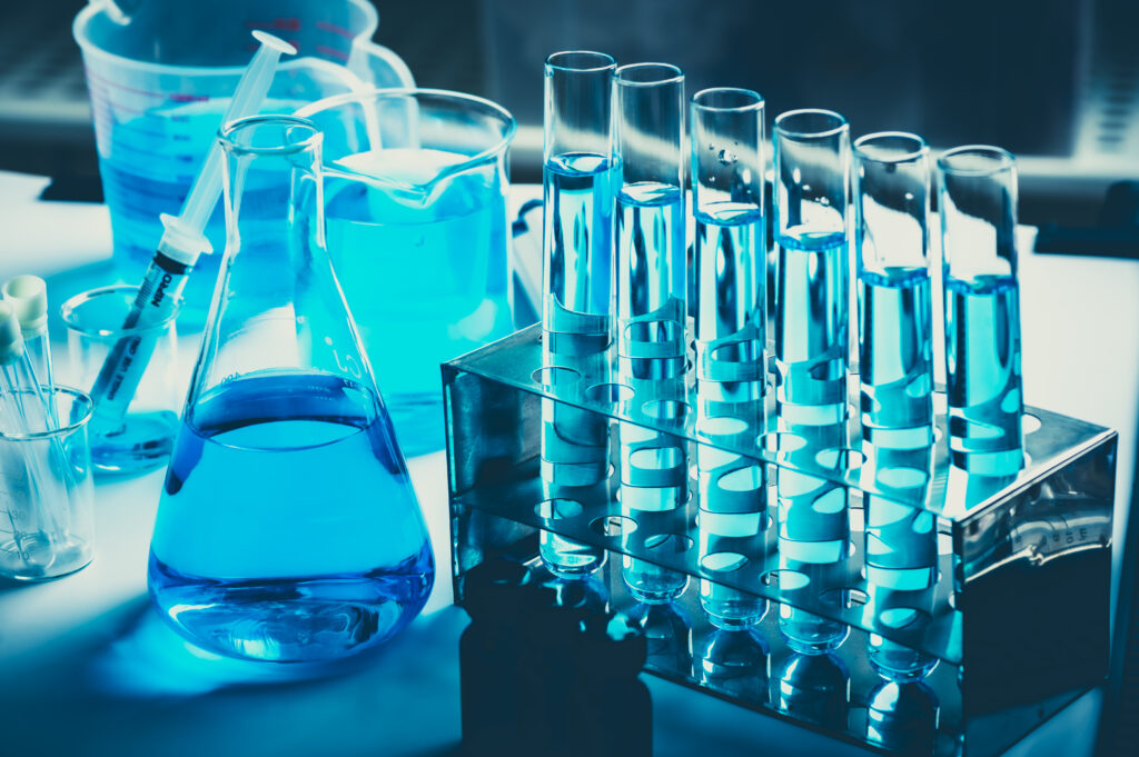 scientific chemistry glassware for research in lab U5PYJPP